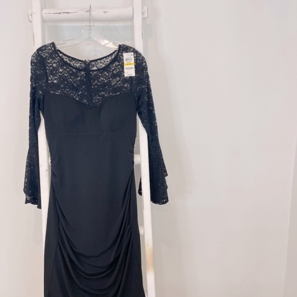 INC Black Cocktail Dress with Long Lace Bell Sleeves/Sweetheart Neckline (NWT)